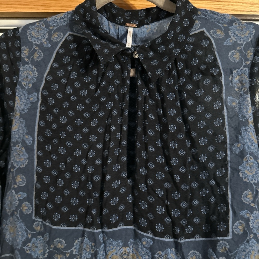 Free People Black and Blue Floral Blouse